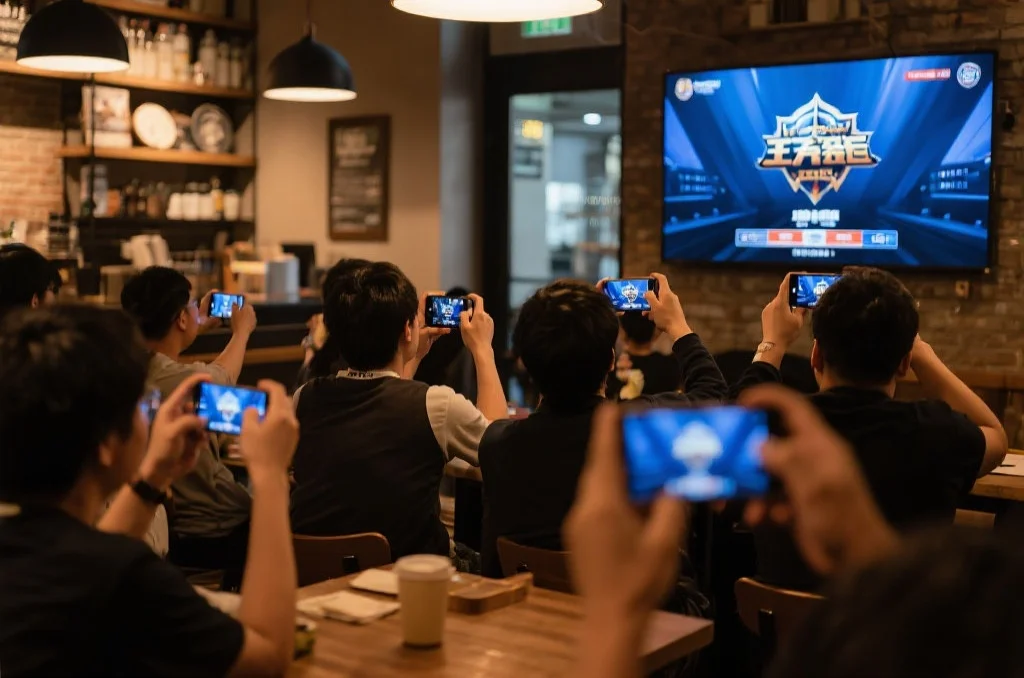 多人聚集在咖啡馆内，手持手机观看英雄联盟总决赛直播，气氛热烈而专注
