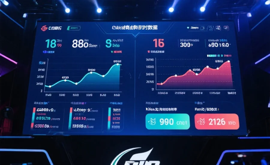 电竞赛事实时数据大屏，显示双方经济曲线、击杀、龙/先锋控制率等统计信息